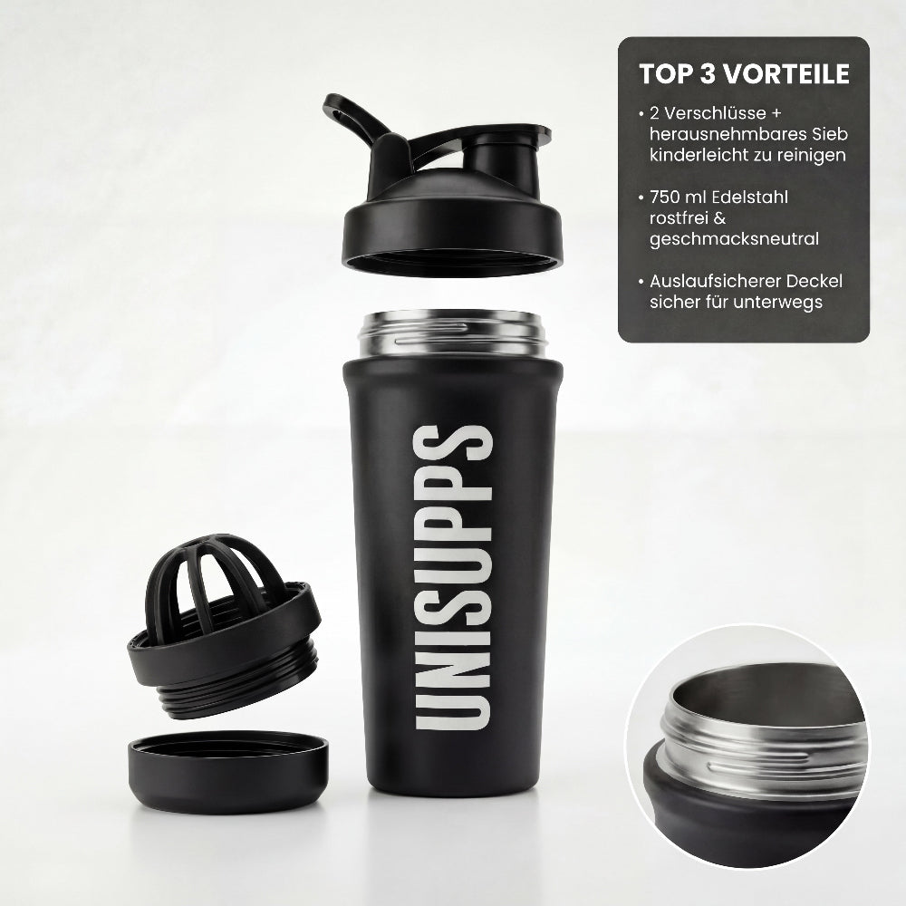 UniSupps Shaker – auseinandergebaute Teile mit herausnehmbarem Sieb
