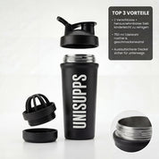 UniSupps Shaker – auseinandergebaute Teile mit herausnehmbarem Sieb