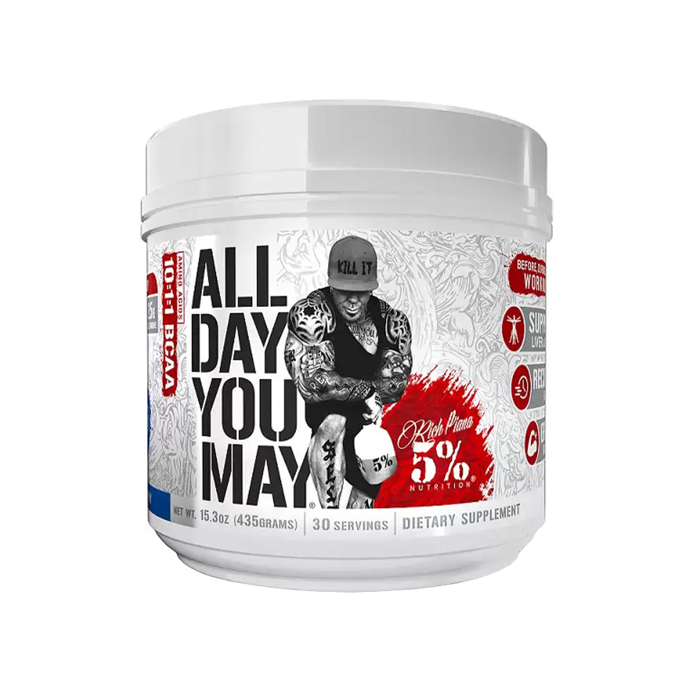 Rich Piana 5% Nutrition All Day You May 465g Dose BCAA EAA Aminosäuren Komplex weisser Hintergrund
