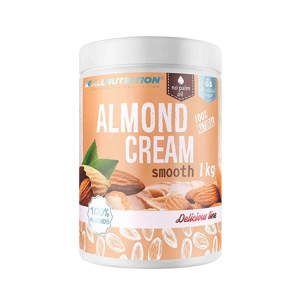 Allnutrition Almond Cream Smooth 1000g Mandelcreme glatt palmölfrei ohne Zuckerzusatz weisser Hintergrund