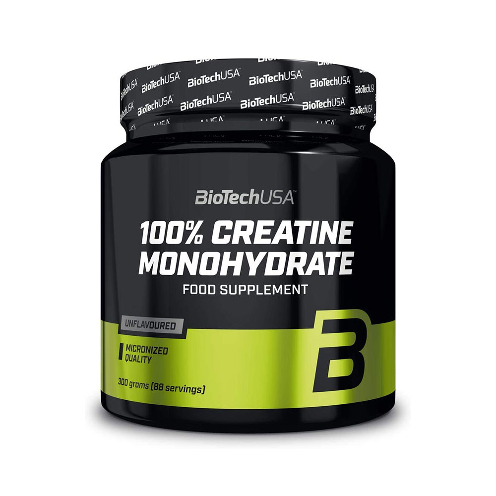 BioTechUSA 100% Creatine Monohydrate 300g Dose mikronisiert 200 Mesh zuckerfrei weisser Hintergrund