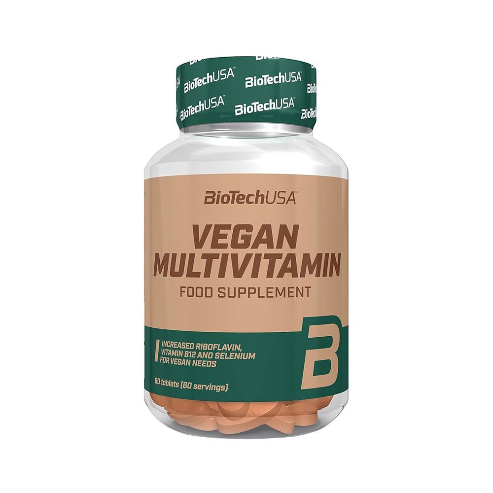 BioTechUSA Vegan Multivitamin Tabletten 60 Stück Dose 12 Vitamine 10 Mineralstoffe weisser Hintergrund