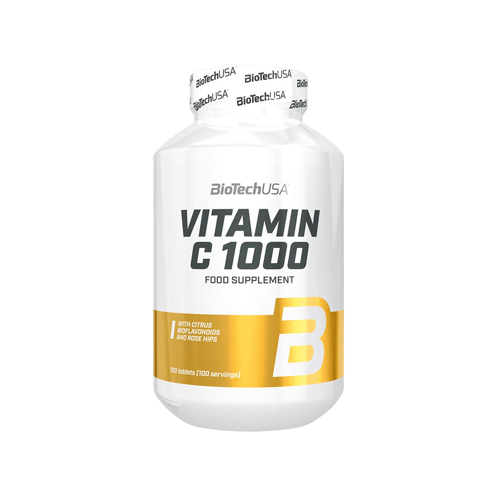BioTechUSA Vitamin C 1000 Bioflavonoids 100 Tabletten Dose – 1000mg Vitamin C mit Hagebutten- und Holunderblütenextrakt, 100% vegan, glutenfrei, weisser Hintergrund