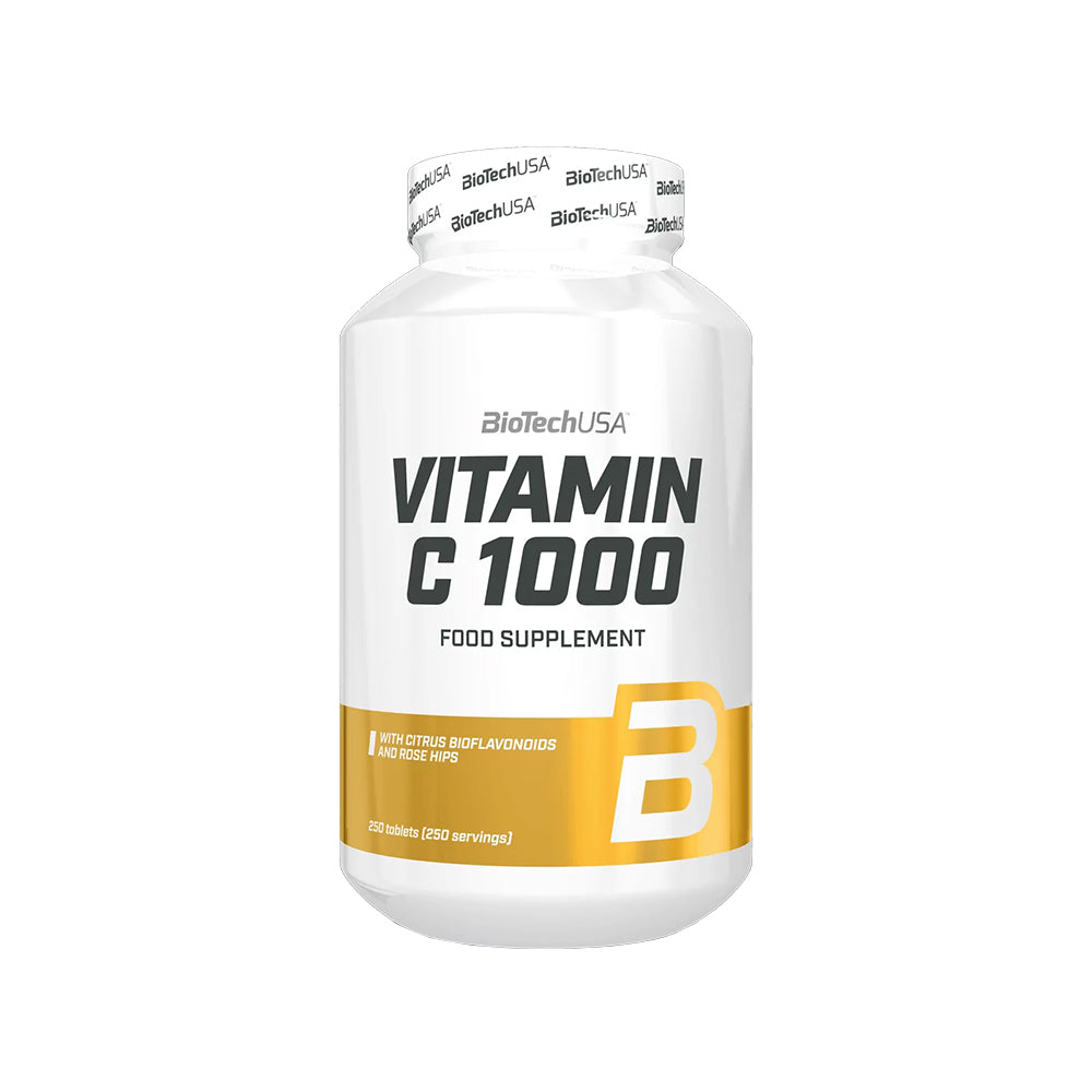 BioTechUSA Vitamin C 1000 250 Tabletten – Frontansicht der weissen Flasche, 1000mg Vitamin C mit Bioflavonoiden