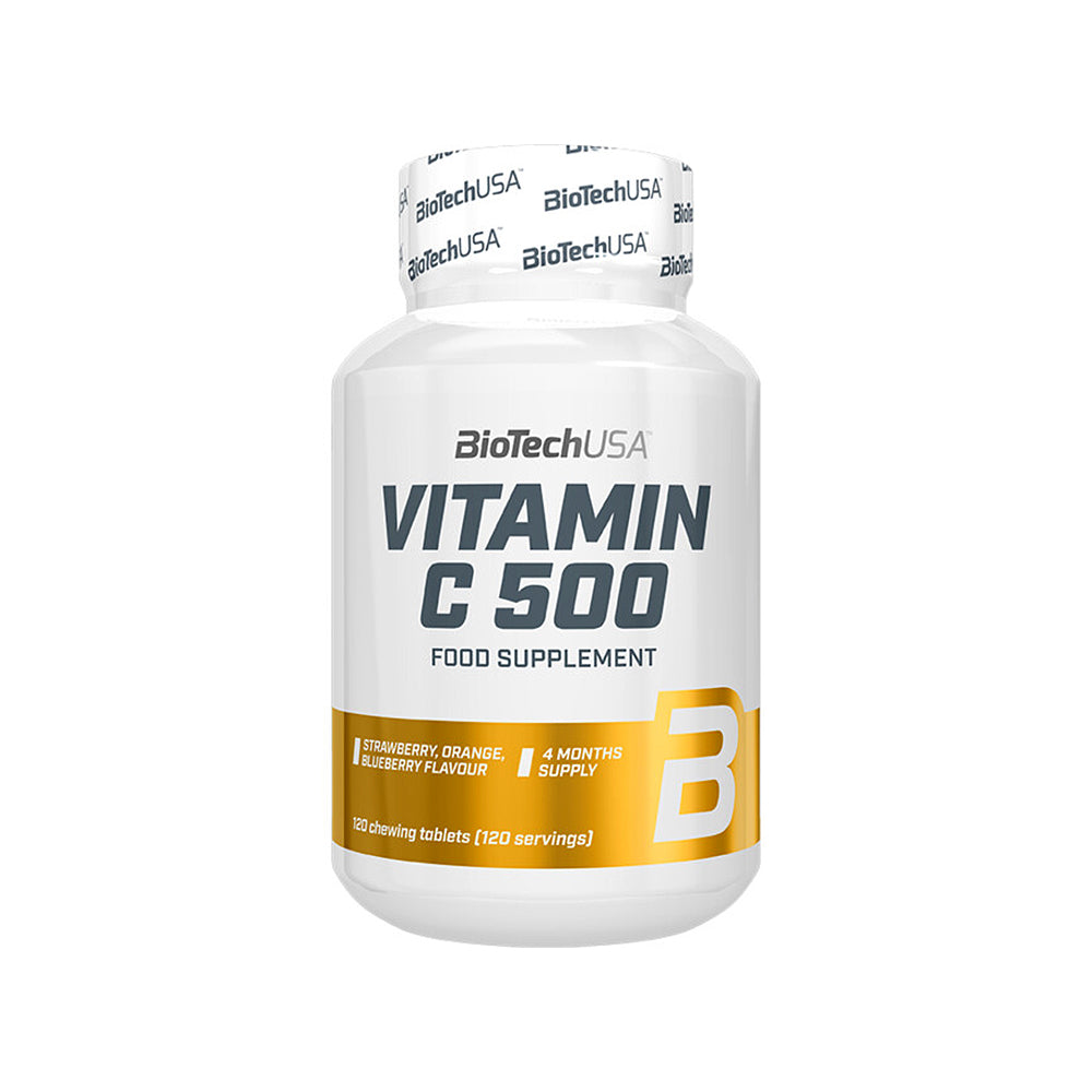 BioTechUSA Vitamin C 500 Kautabletten 120 Stück Dose Erdbeere Orange Blaubeere weisser Hintergrund