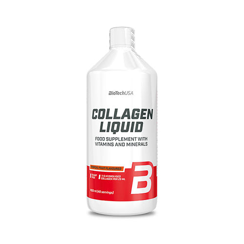 BioTechUSA Collagen Liquid 1000ml Flasche Tropenfrüchte hydrolysiertes Kollagen weisser Hintergrund