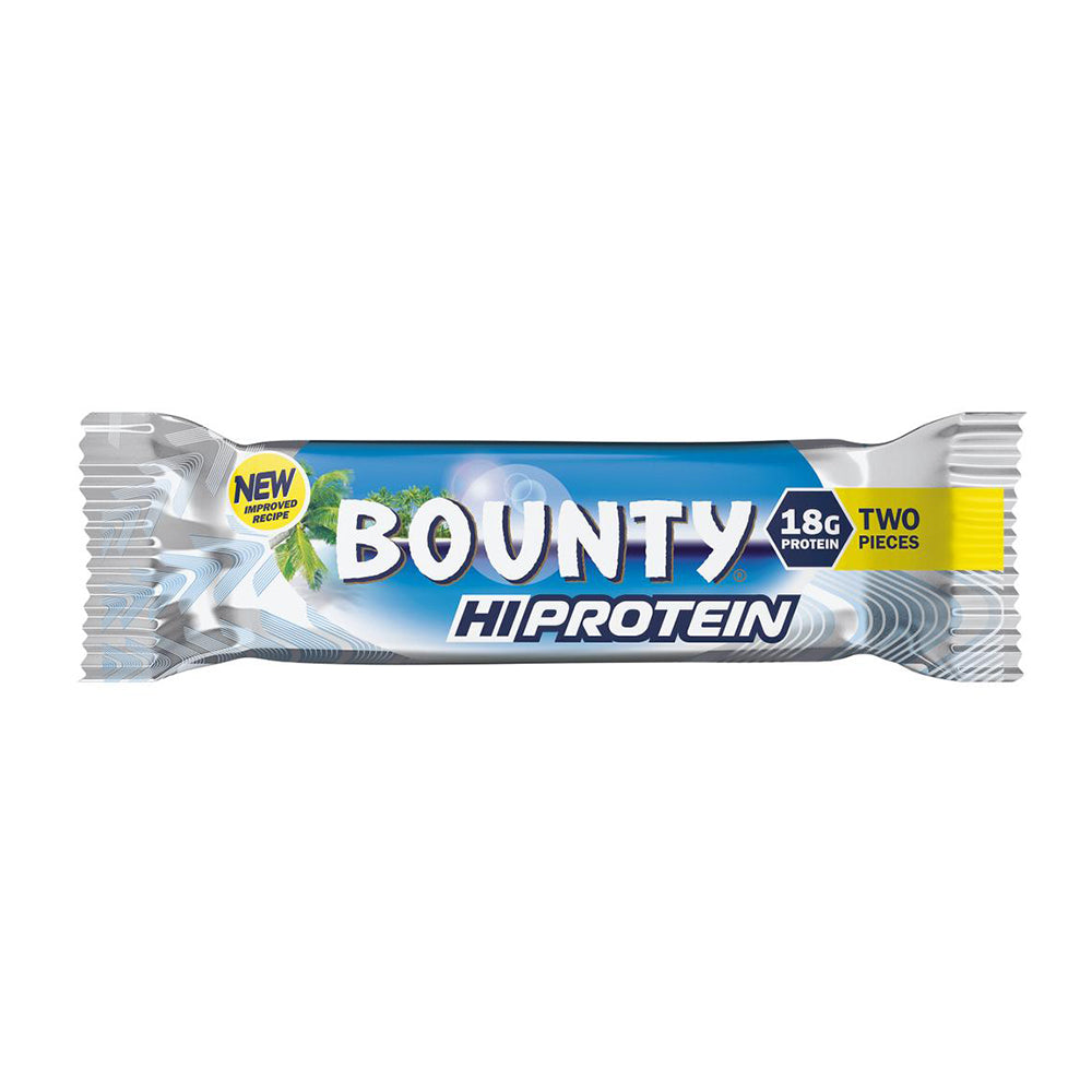 Bounty Hi Protein Bar Coconut 52g – Frontansicht auf weissem Hintergrund, zwei Stücke
