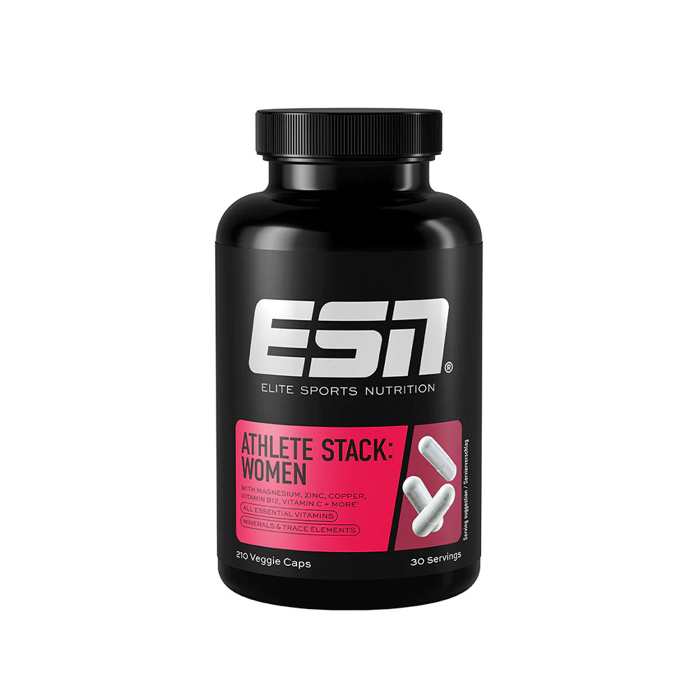 ESN Athlete Stack Women 210 Kapseln – Frontansicht der Dose, Multivitamin + Mineralien speziell für sportlich aktive Frauen