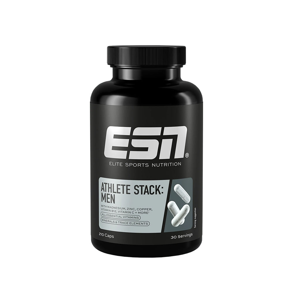 ESN Athlete Stack Men 210 Kapseln – Frontansicht der Dose, All-in-One Multivitamin + Mineralien speziell für sportlich aktive Männer