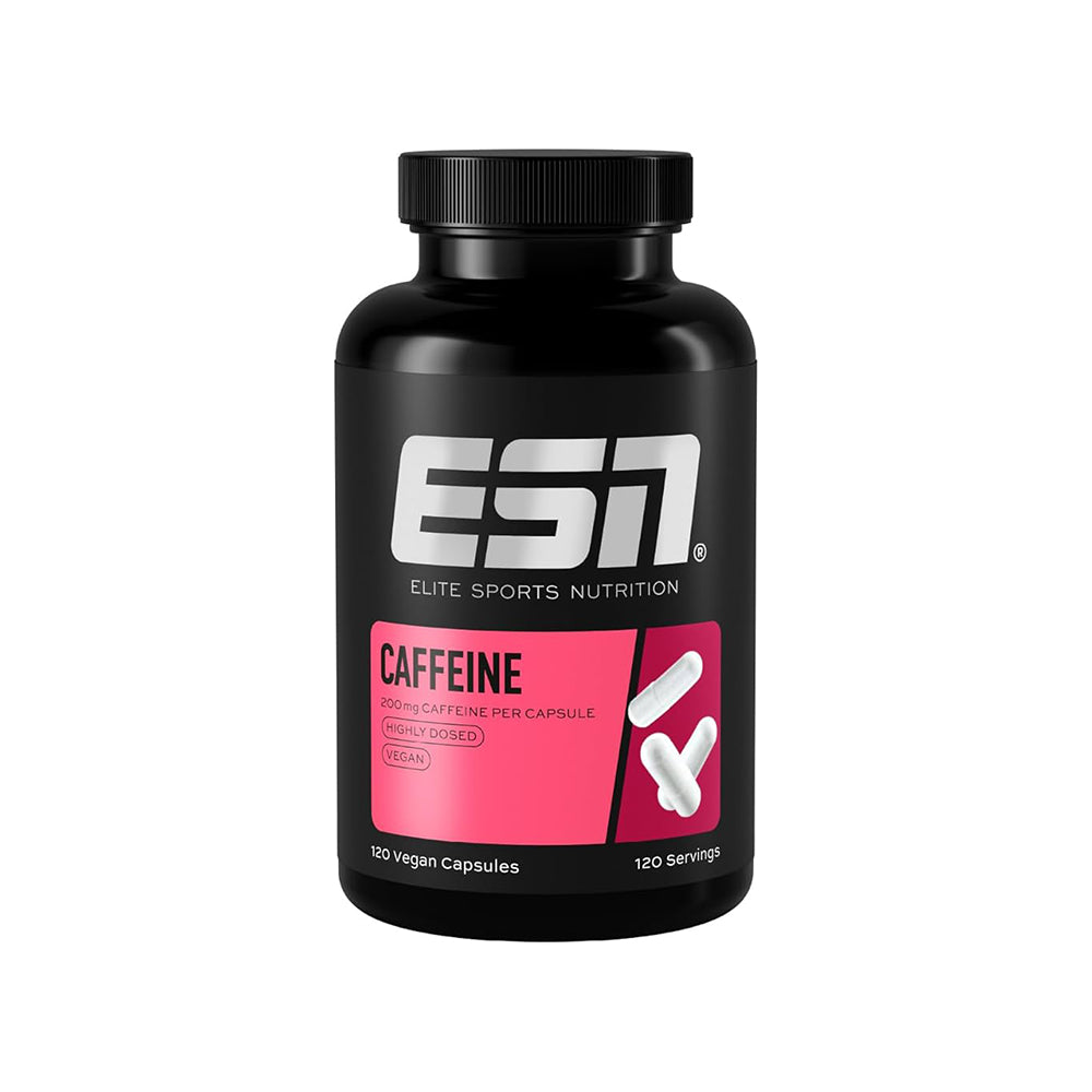 ESN Caffeine Capsules 120 Caps – Frontansicht der Dose auf dunklem Hintergrund, 200mg Koffein pro Kapsel