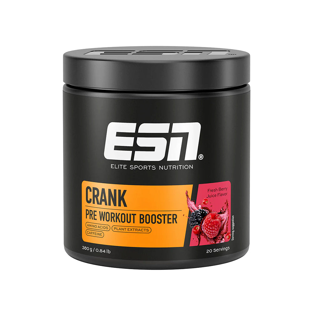 ESN Crank Booster 380g – Frontansicht der Verpackung auf dunklem Hintergrund, Blackberry-Variante