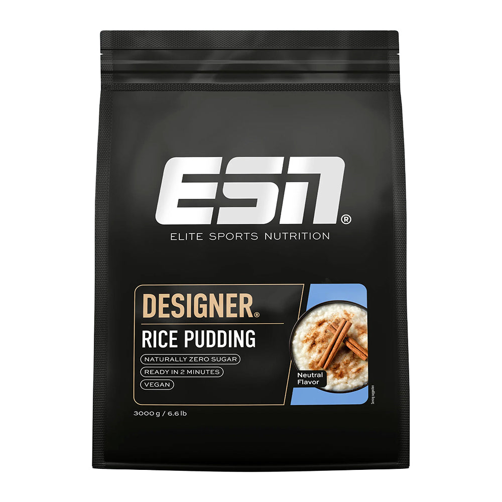 ESN Designer Reispudding 3000g Beutel – Frontansicht, 100% Reisgrieß, 81g Kohlenhydrate pro 100g Weisser Hintergrund