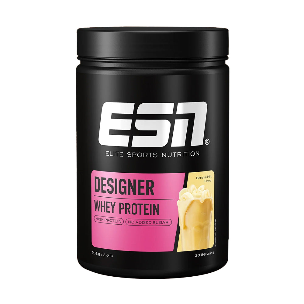 ESN Designer Whey Protein 908g – Frontansicht der Dose, bis zu 23g Protein pro Portion, WPC + WPI Komplex