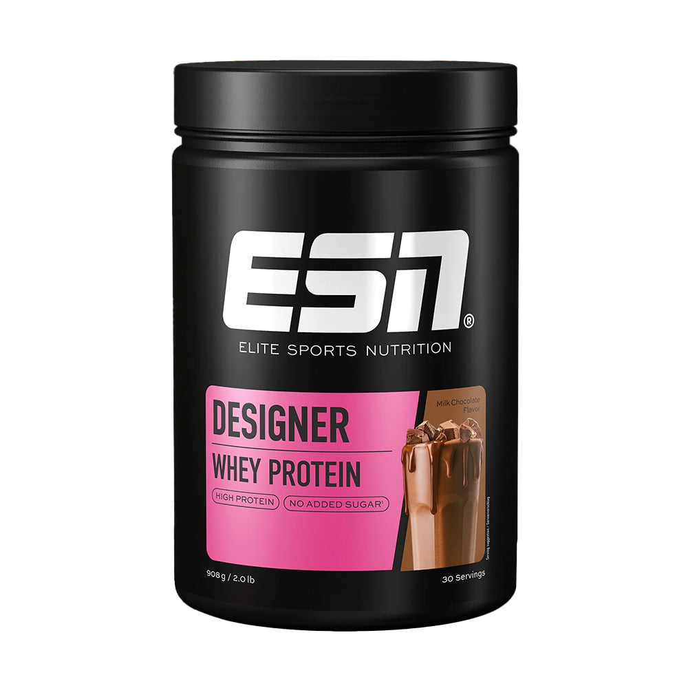 ESN Designer Whey Protein 908g – Frontansicht der Dose, bis zu 23g Protein pro Portion, WPC + WPI Komplex