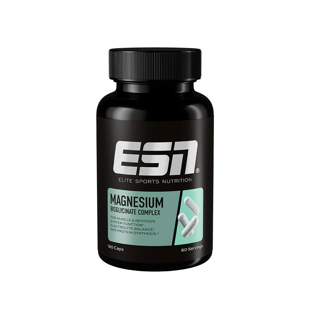 ESN Magnesiumbisglycinat 120 Kapseln – Frontansicht der Verpackung auf dunklem Hintergrund, 194mg Magnesium pro Portion