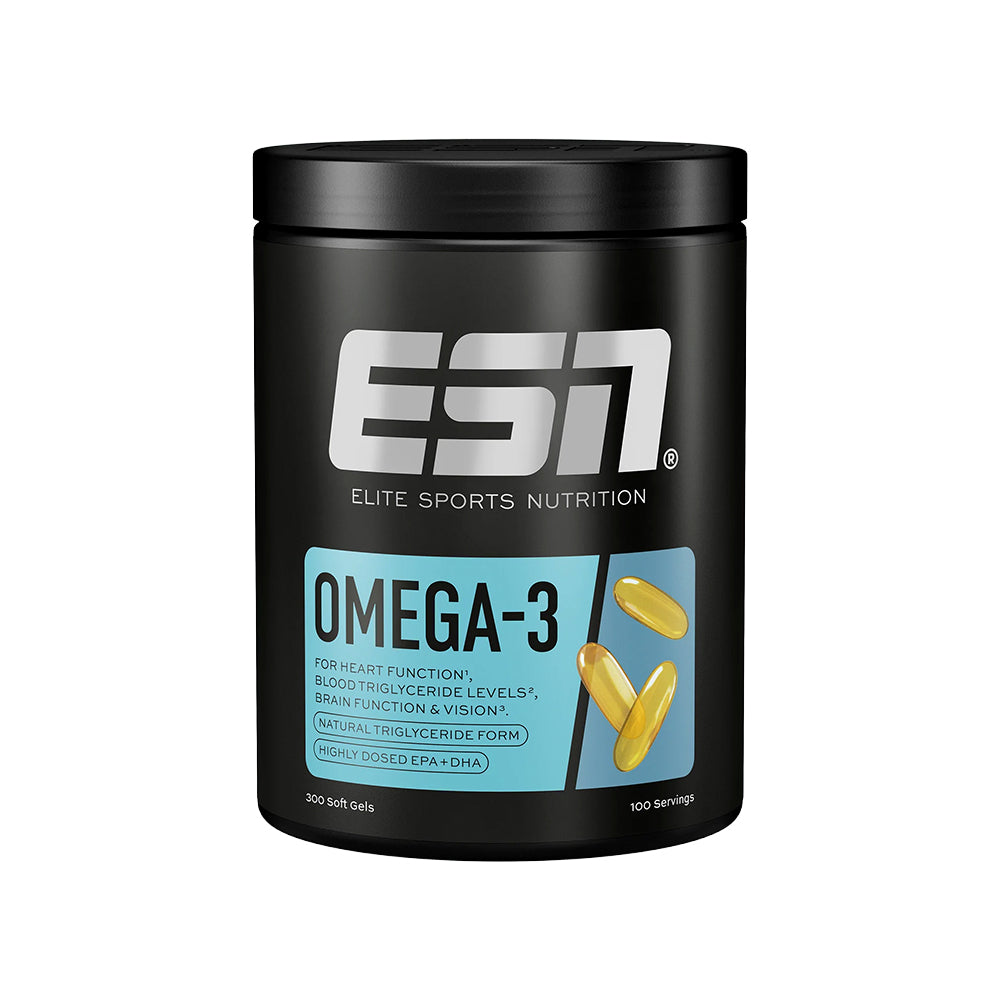 ESN Omega-3 Kapseln 300 Caps – Frontansicht der Verpackung auf dunklem Hintergrund, 1200mg EPA + 900mg DHA, 100 Portionen