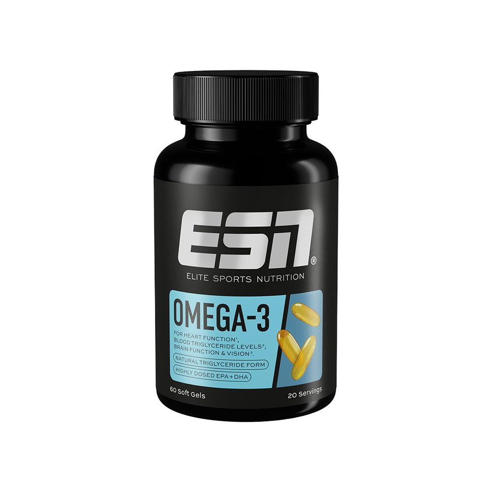 ESN Omega-3 Kapseln 60 Caps – Frontansicht der Verpackung auf dunklem Hintergrund, 1200mg EPA + 900mg DHA