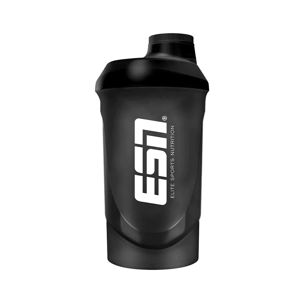 ESN Shaker 600ml Black Transparent – Frontansicht auf weissem Hintergrund, Messskala und integriertes Sieb sichtbar