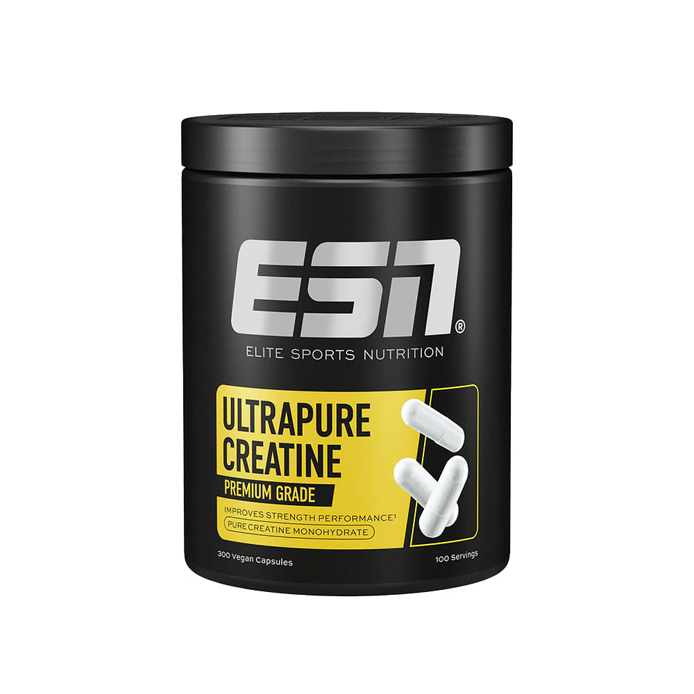 ESN Ultrapure Kreatin Kapseln 300 Caps – Frontansicht der Dose auf dunklem Hintergrund, 3g Kreatin pro Portion (3 Kapseln)
