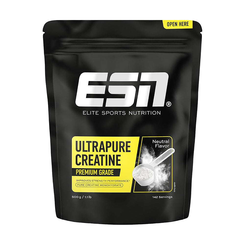 ESN Ultrapure Kreatin Pulver 500g – Frontansicht des Beutels auf dunklem Hintergrund, 3g Kreatin pro Portion, Neutral