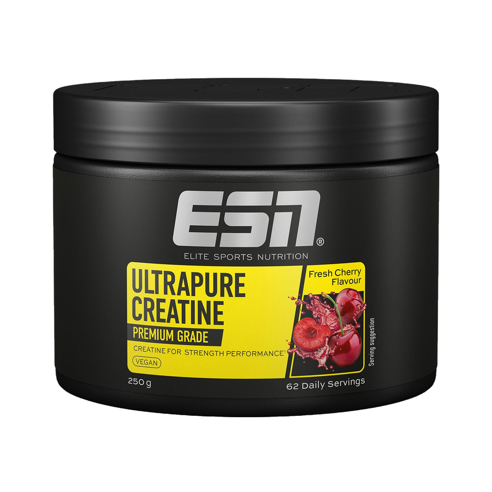 ESN Ultrapure Creatine Fresh Cherry 250 g, kurze schwarze Dose mit gelbem Etikett, Vorderansicht