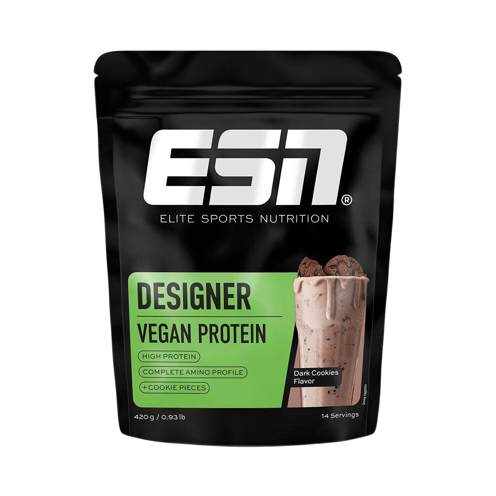ESN Designer Vegan Protein 2.0 420 g Beutel Dark Cookies Flavour weisser Hintergrund pflanzliches Proteinpulver
