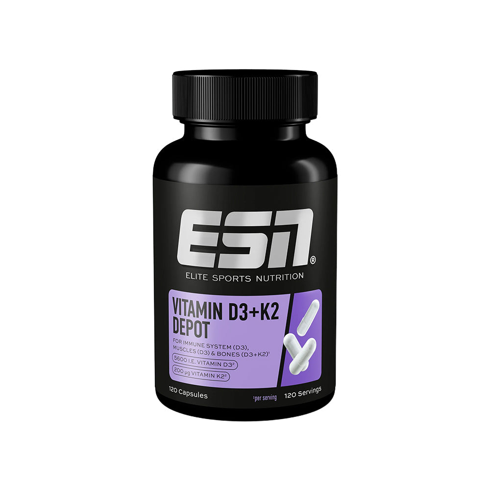 ESN Vitamin D3+K2 Depot 120 Kapseln – Frontansicht der Verpackung, 5600 IE Vitamin D3 + 200µg Vitamin K2 MK-7