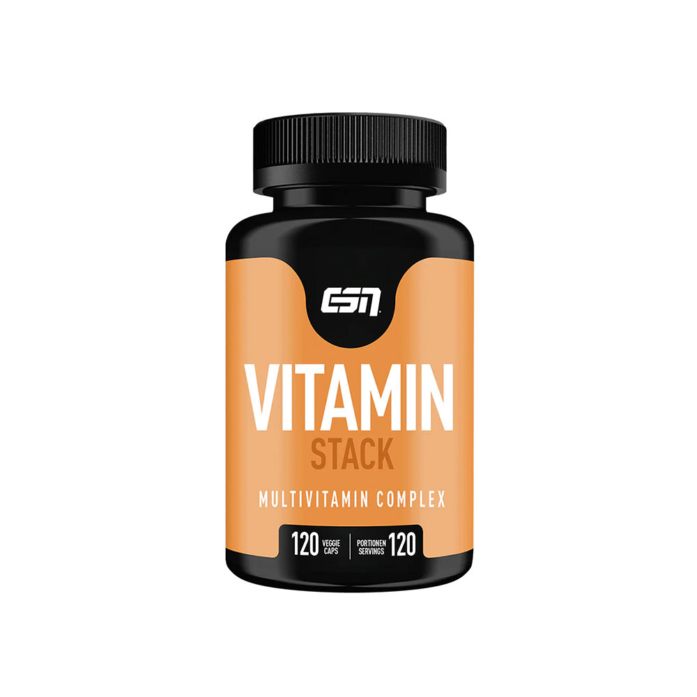 ESN Vitamin Complex Stack 120 Kapseln – Frontansicht der Dose auf dunklem Hintergrund, 13 Vitamine pro Kapsel