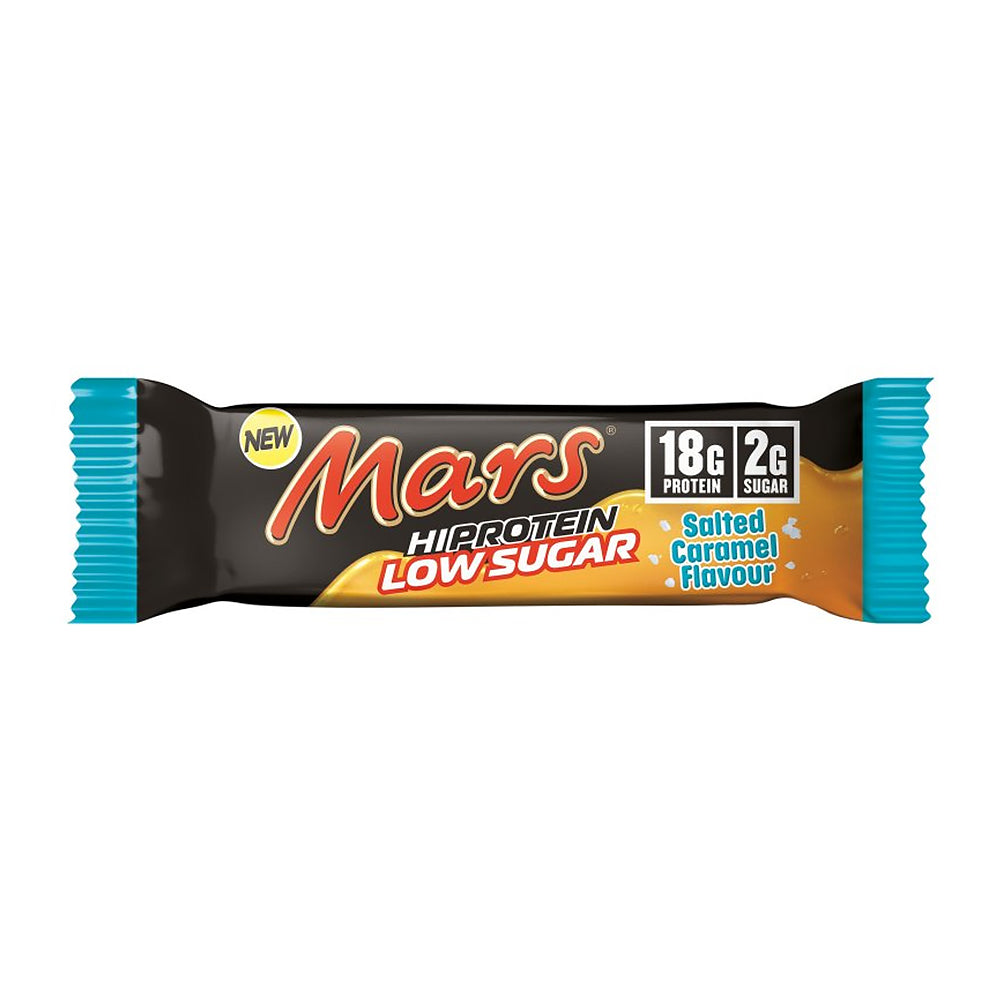 Mars Hi Protein Bar Low Sugar Salted Caramel 55g – Frontansicht auf weissem Hintergrund