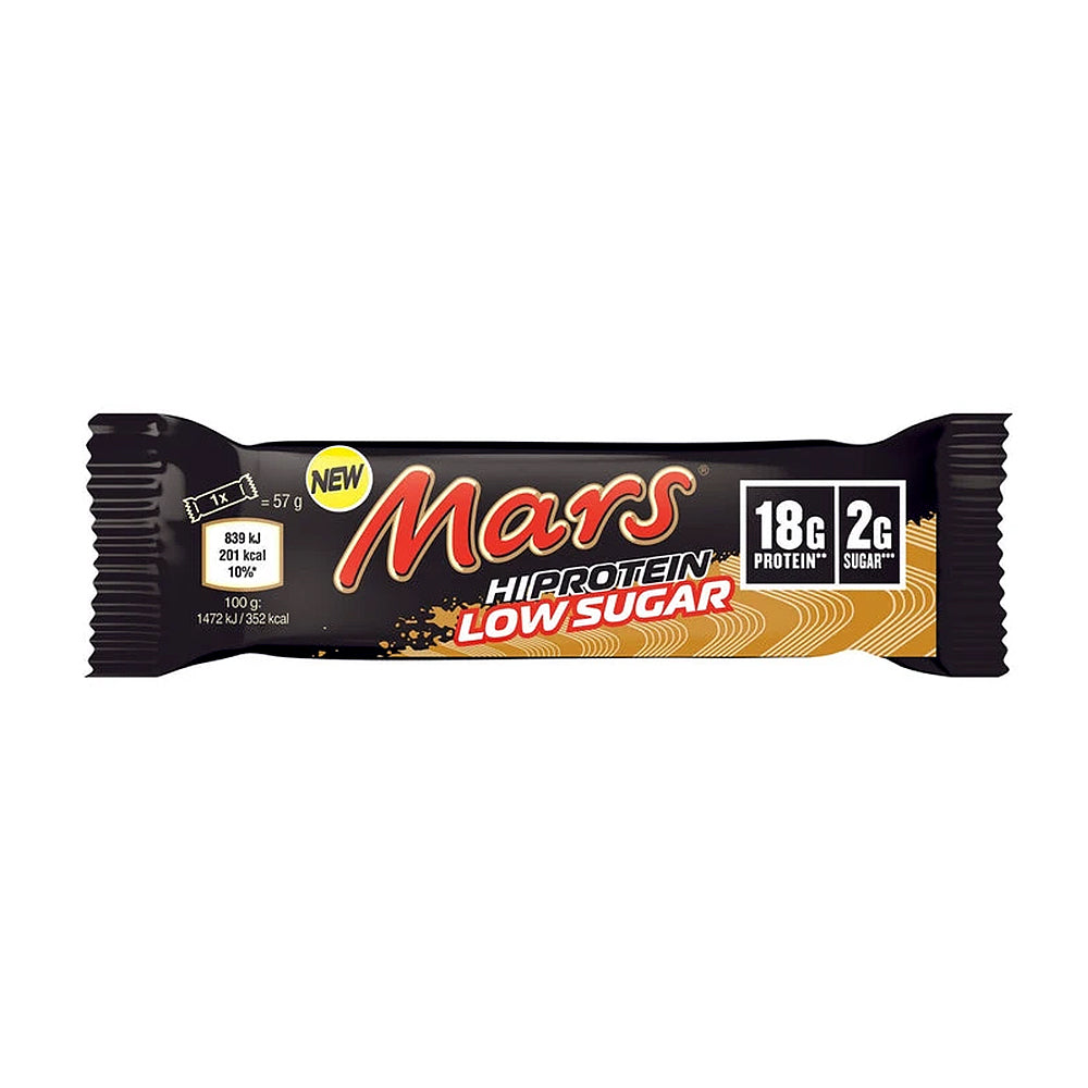 Mars Hi-Protein Low Sugar Bar 57g Proteinriegel Milchschokolade Karamell weisser Hintergrund