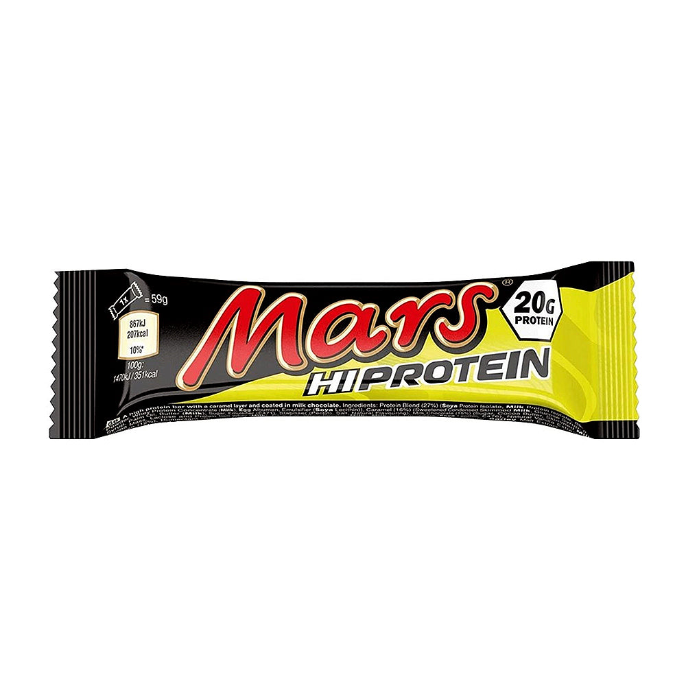Mars Hi-Protein Bar 59g Proteinriegel Milchschokolade Karamell weisser Hintergrund
