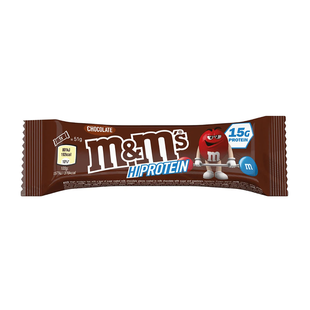 M&M's Protein Bar Chocolate 51g – Frontansicht auf weissem Hintergrund mit Mini M&M's