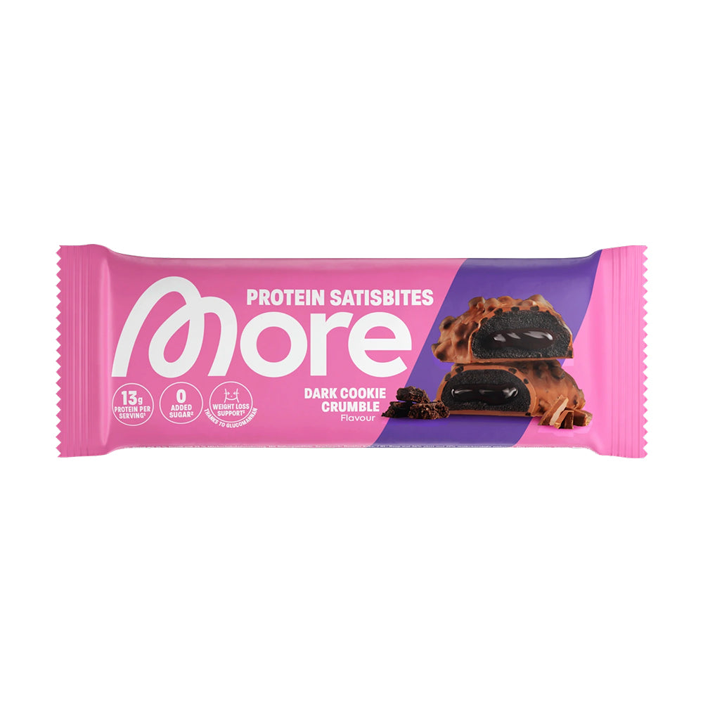 More Nutrition Satisbites High Protein Dark Cookie Crumble Verpackung weisser Hintergrund