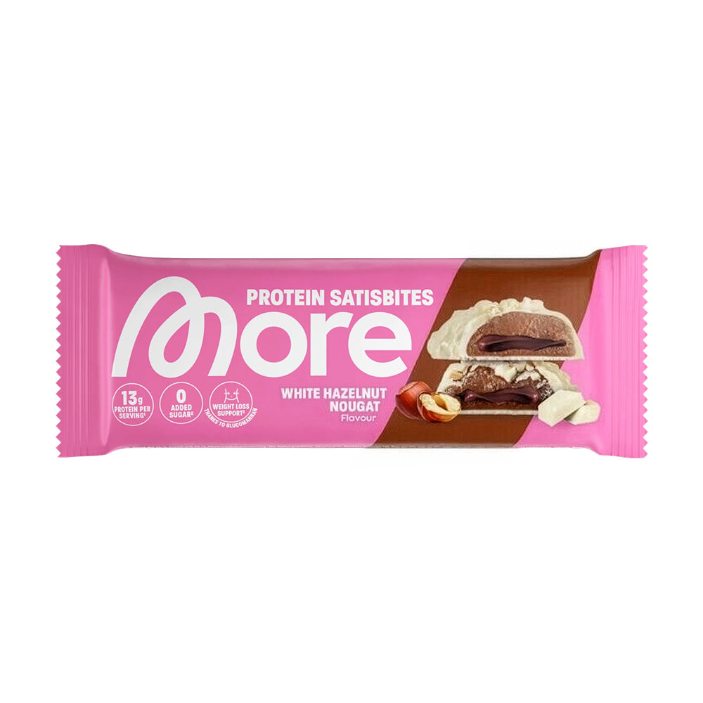 More Nutrition Satisbites High Protein White Hazelnut Nougat Verpackung weisser Hintergrund