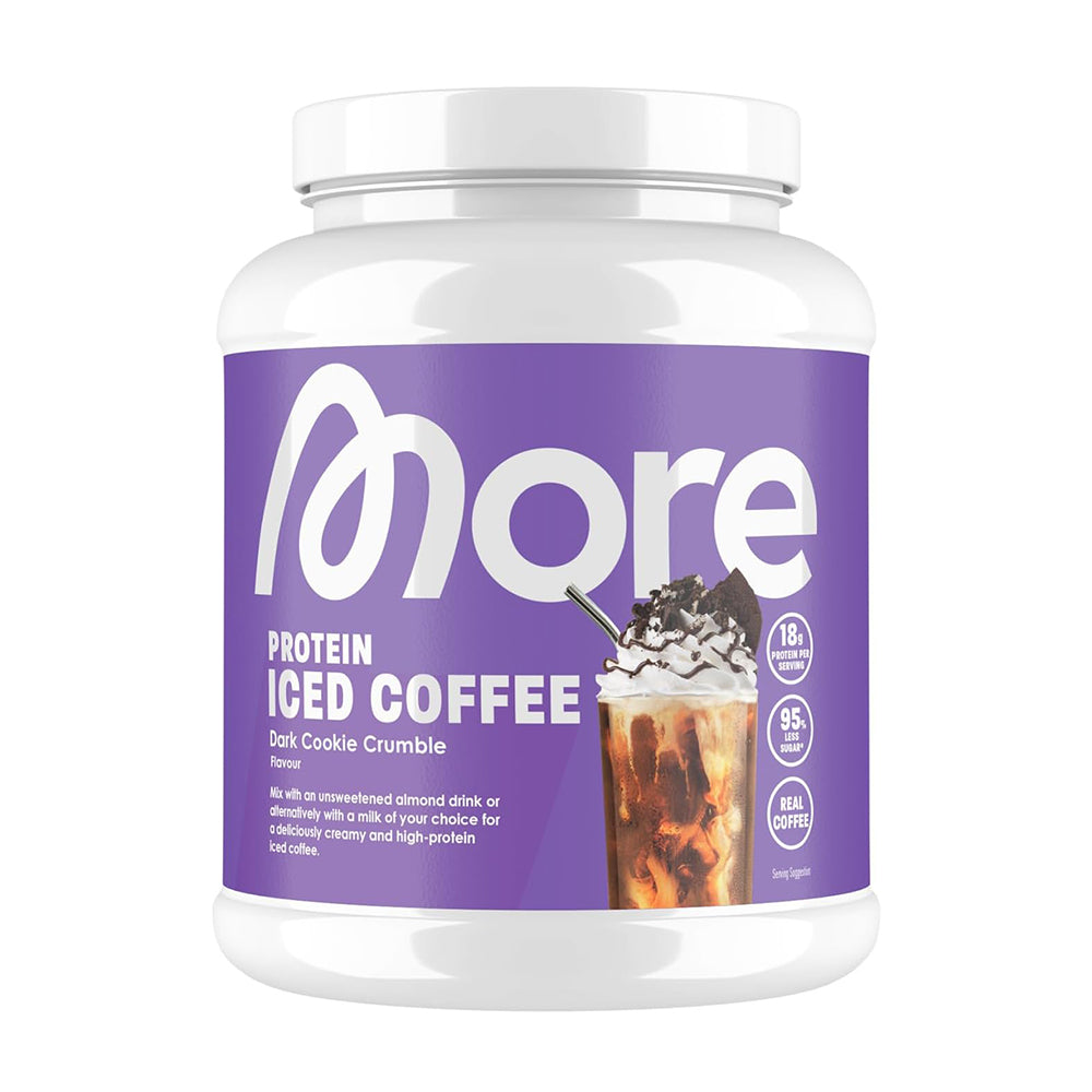More Nutrition Protein Dark Cookie Crumble 500g Dose Whey Protein echter Kaffee weisser Hintergrund