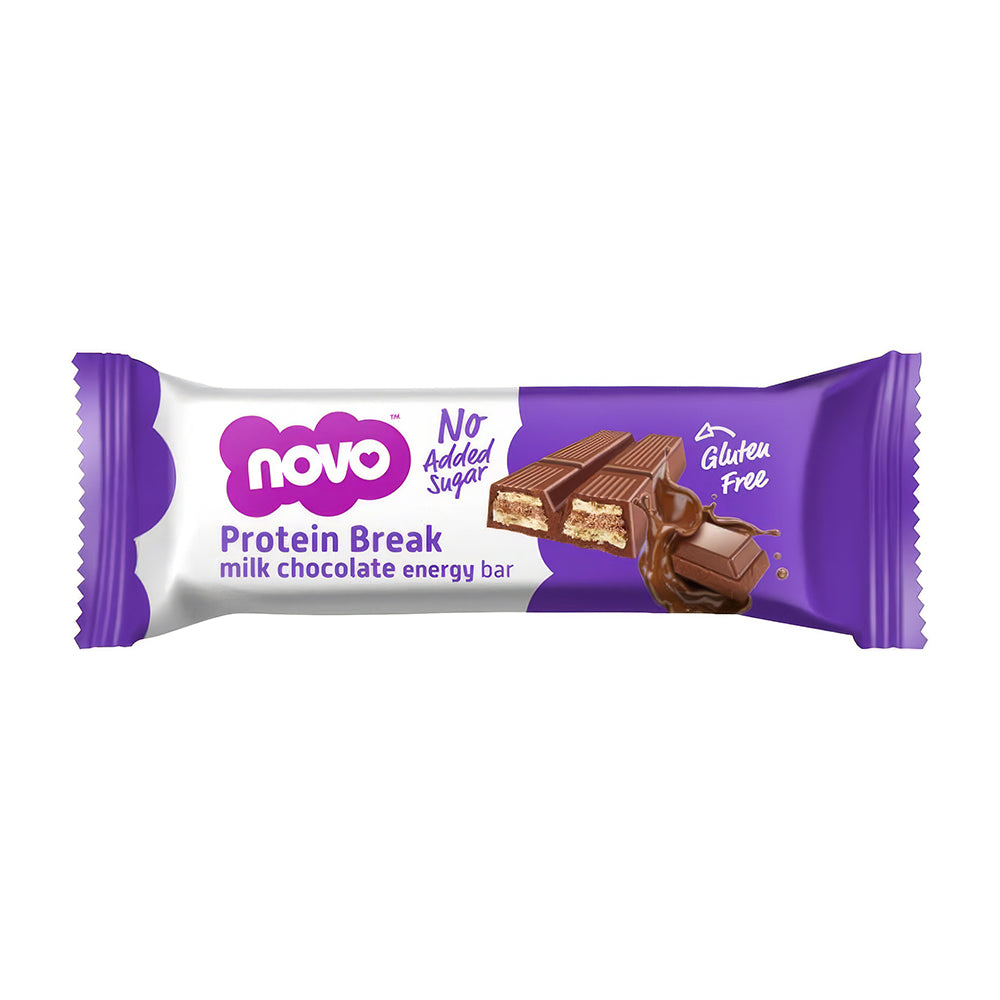 Novo Nutrition Protein Break Bar Milk Chocolate 21.5g weisser Hintergrund glutenfrei