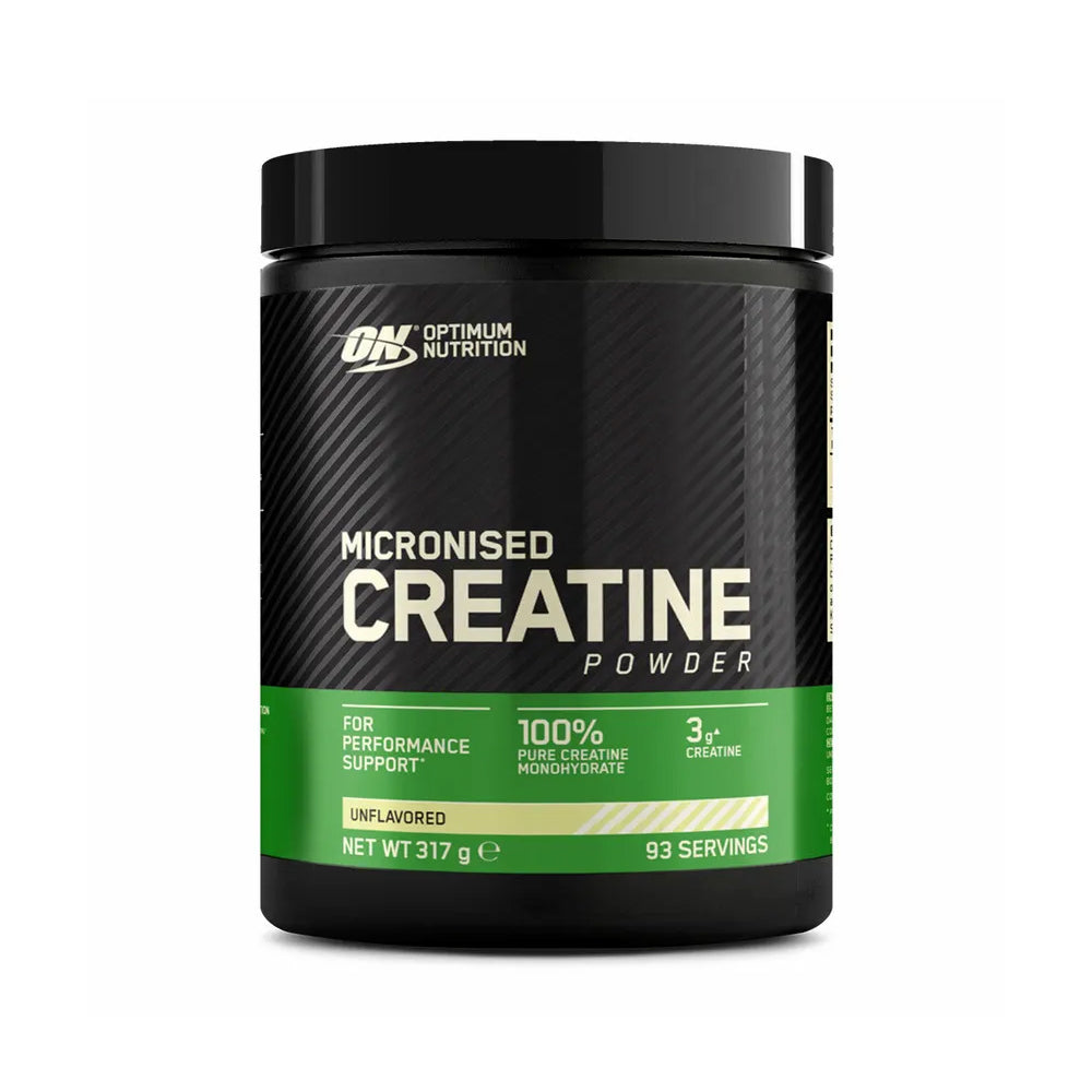 Optimum Nutrition Micronised Creatine Powder 317g Dose Unflavoured reines Kreatin Monohydrat weisser Hintergrund