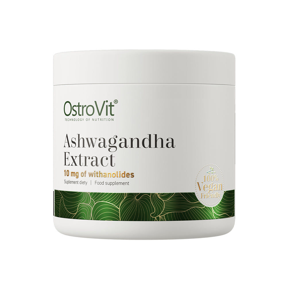 OstroVit Ashwagandha Extract 100g Pulver standardisiert 7.2 Prozent Withanolide vegan weisser Hintergrund