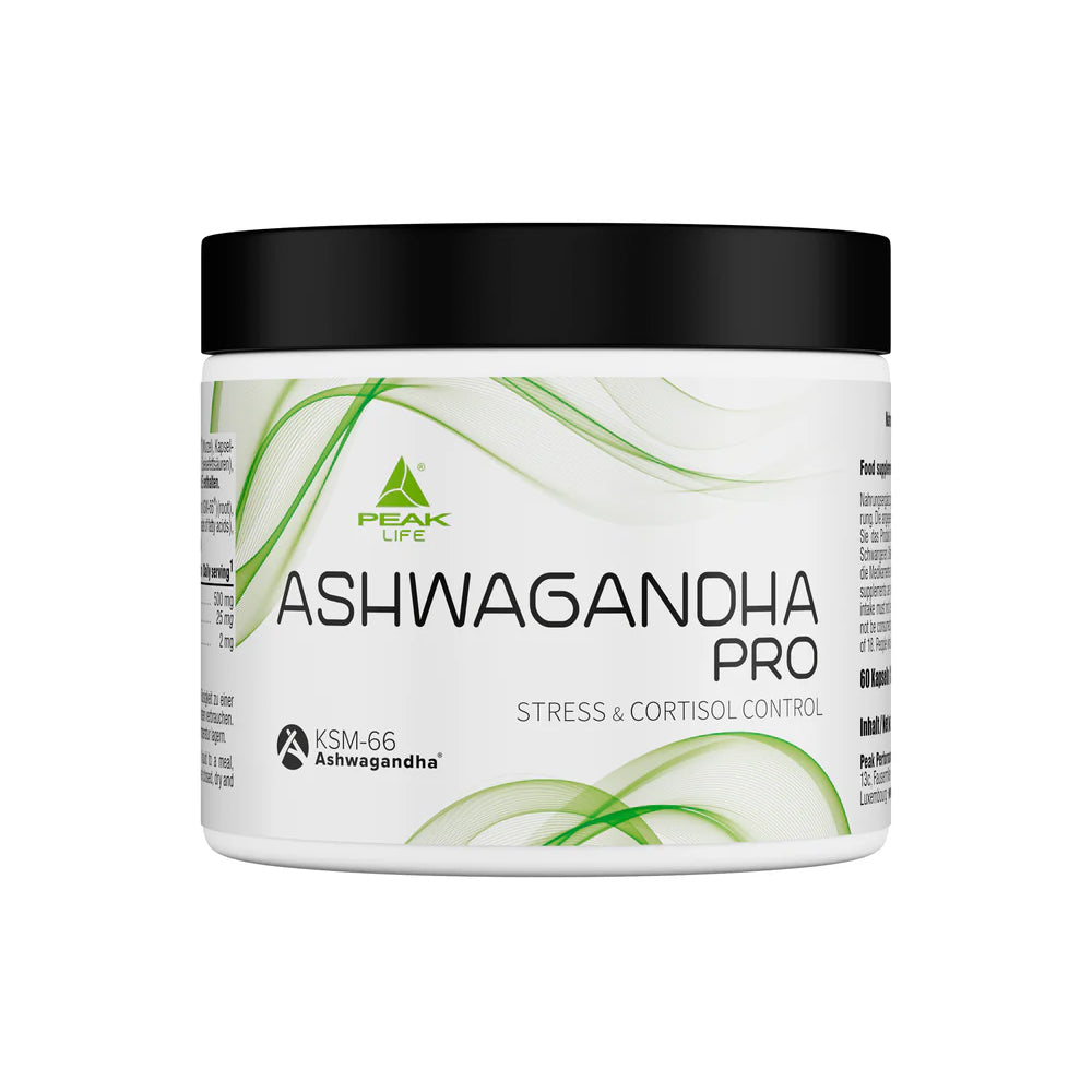Peak Ashwagandha Pro 60 Kapseln – Frontansicht der Dose auf weissem Hintergrund, 500mg KSM-66® + Piperin