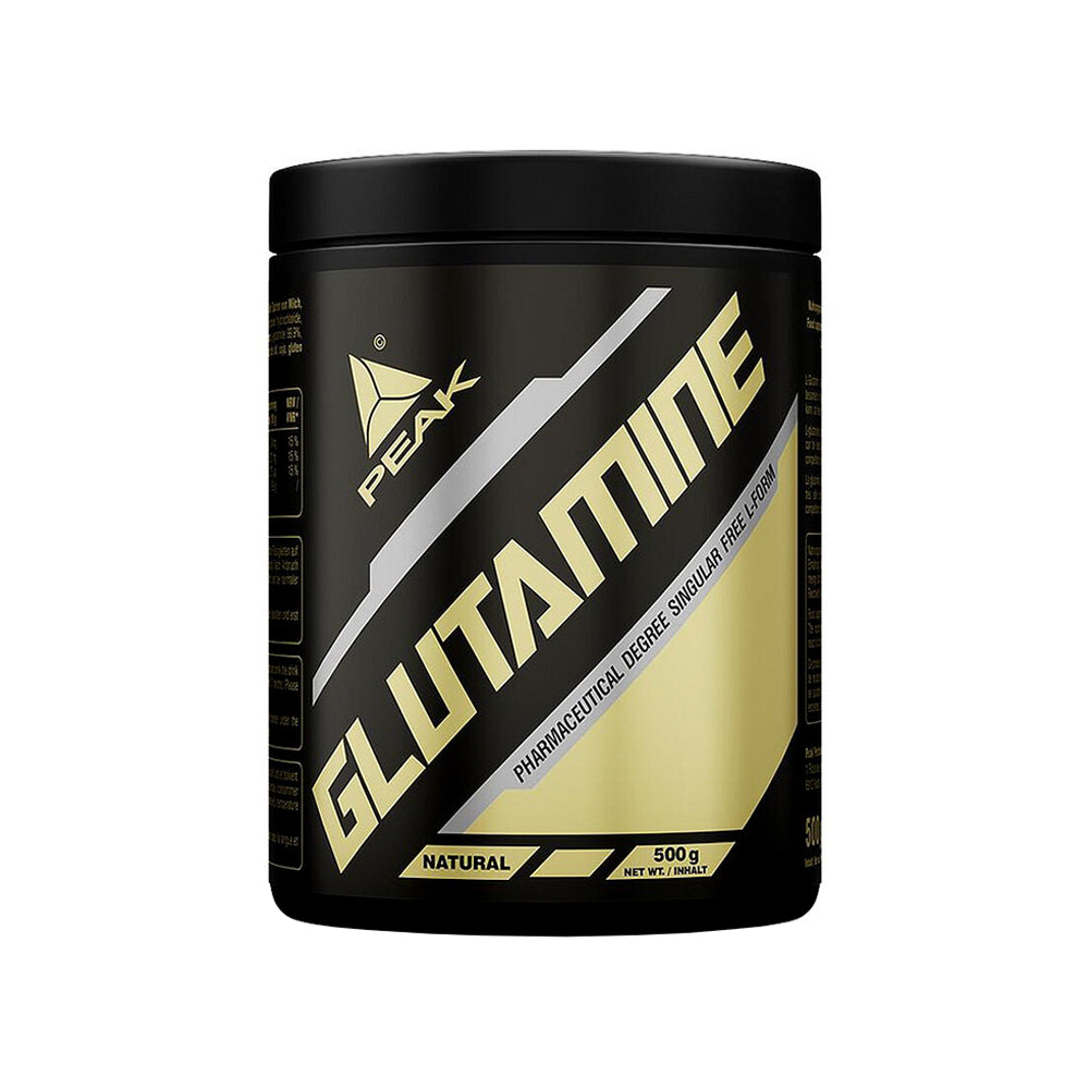 Peak Glutamin 500g Dose – reines L-Glutamin Pulver 99,9 % mit Vitamin B-Komplex, 100 % vegan, weisser Hintergrund
