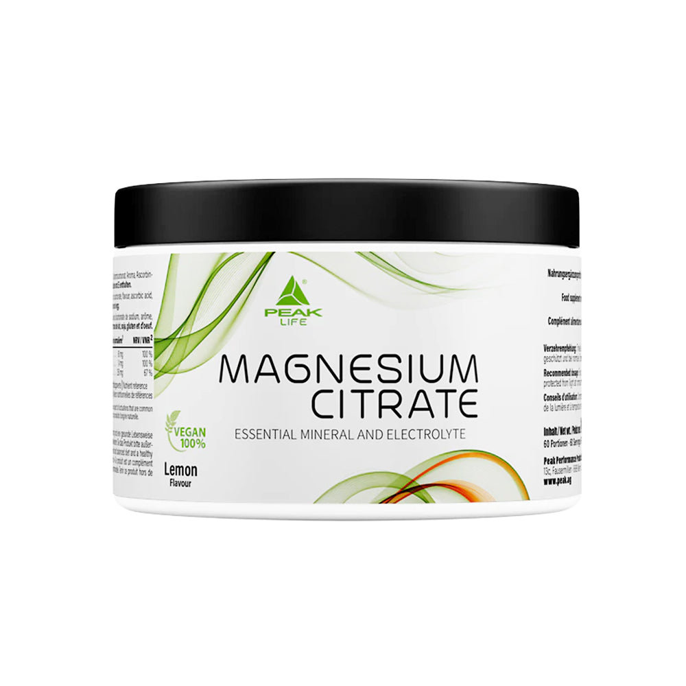 Peak Magnesium Citrat 240g Dose – Frontansicht auf weissem Hintergrund, prickelndes Magnesium-Pulver Lemon