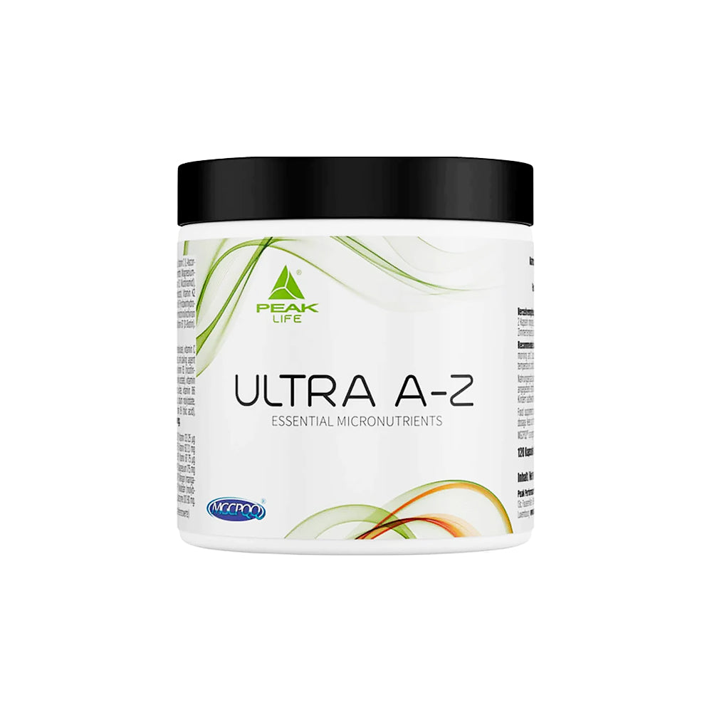Peak Ultra A-Z 120 Kapseln – Frontansicht der Dose auf weissem Hintergrund, veganes Multivitamin