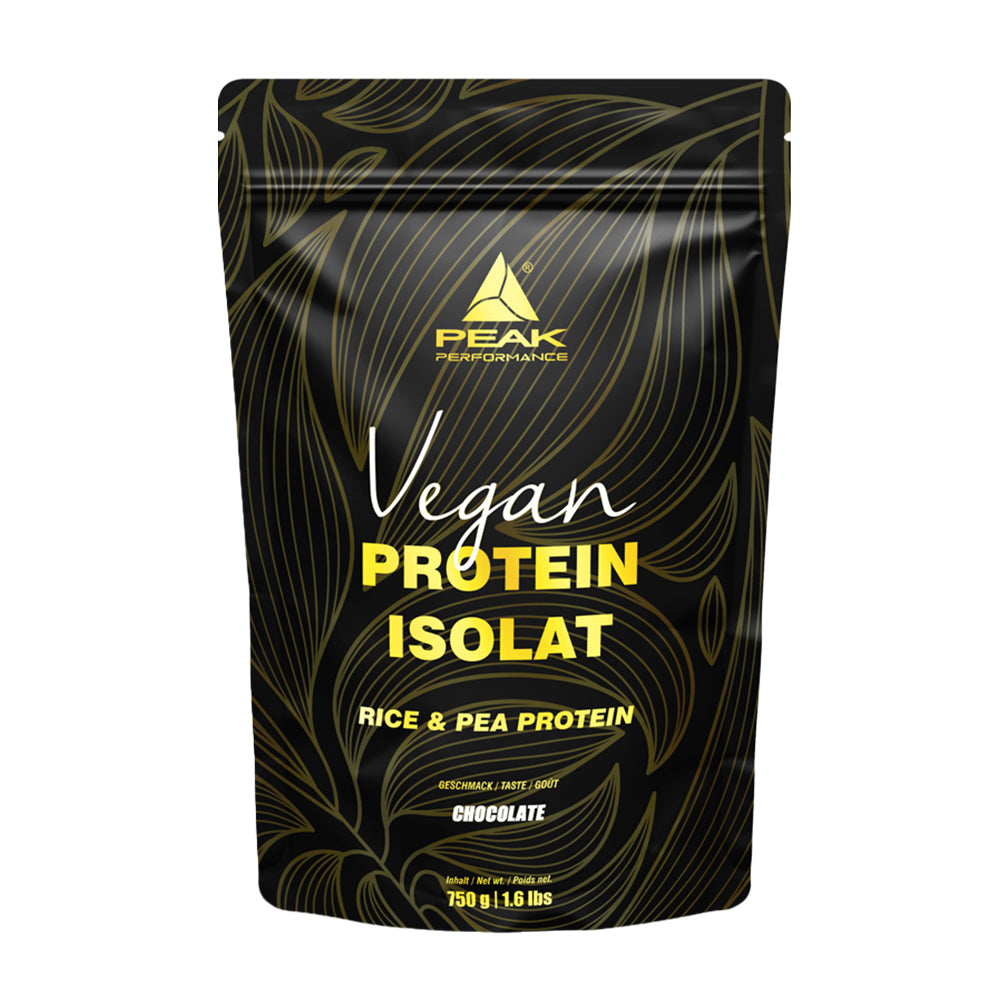 Peak Vegan Protein Isolat 750g – Frontansicht des Beutels, 48% Reisprotein + 48% Erbsenprotein, 100% vegan