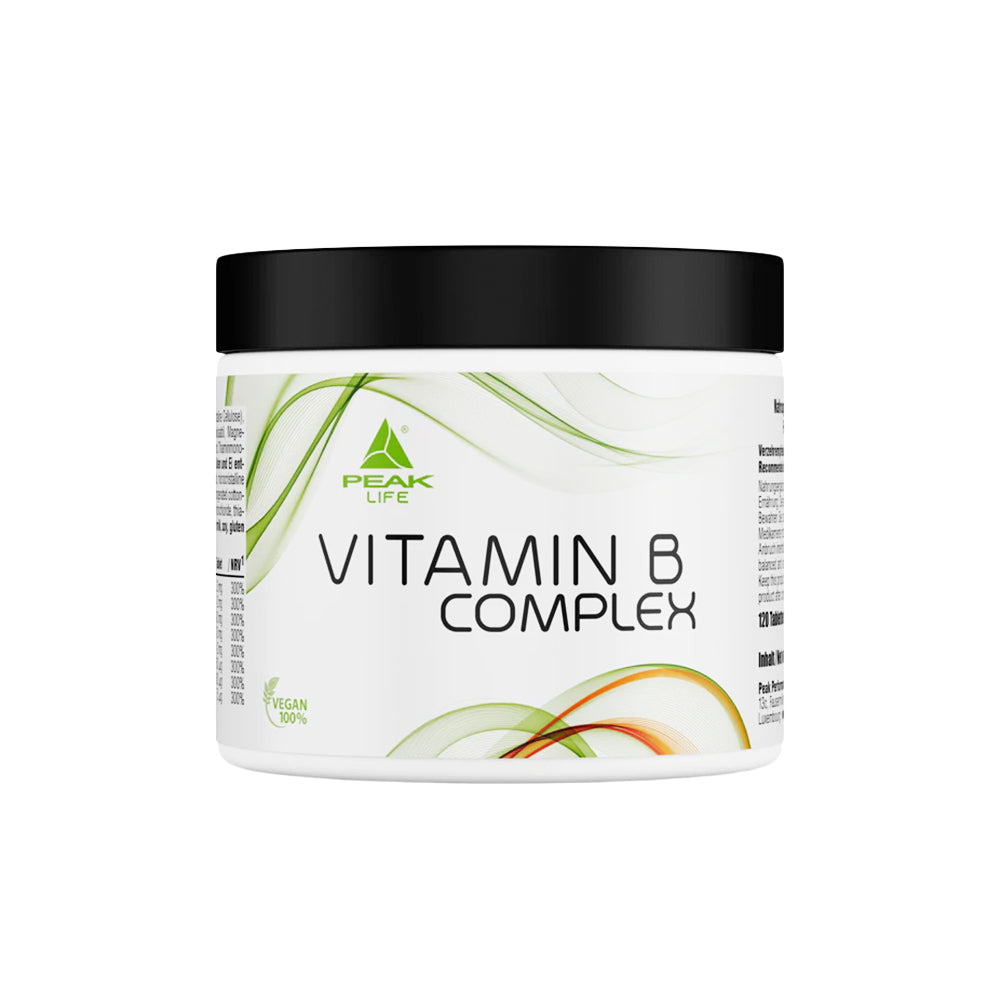 Peak Vitamin B Complex 120 Tabletten – Frontansicht der Dose, alle 8 B-Vitamine B1 bis B12, je 300% NRV