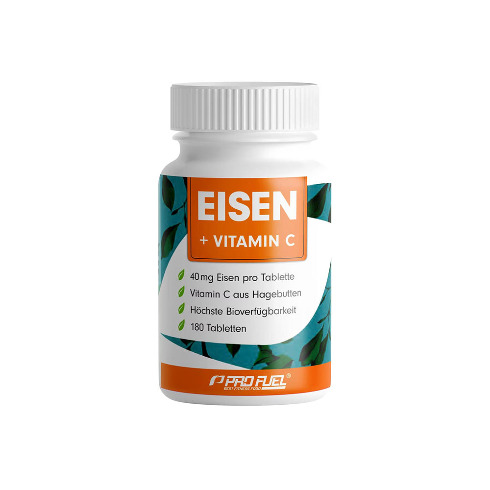 ProFuel Eisen Vitamin C FORTE 180 Tabletten Dose 40mg Eisen Eisenbisglycinat vegan Made in Germany weisser Hintergrund