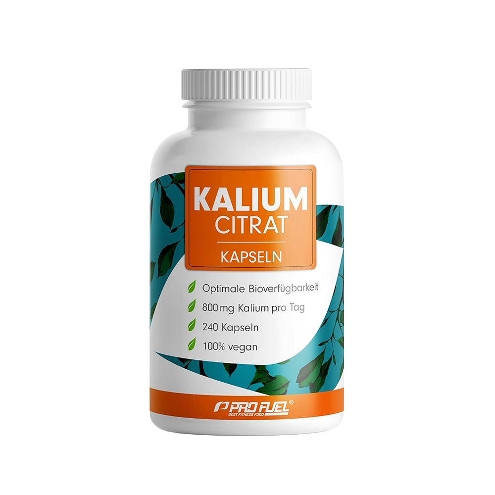 ProFuel Kalium Citrat 240 Kapseln Dose 800mg Kalium vegan Made in Germany weisser Hintergrund