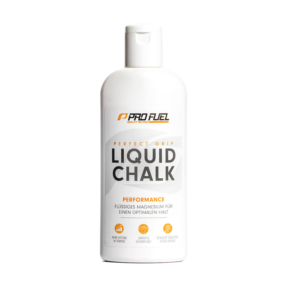 ProFuel Liquid Chalk 200ml Flasche – flüssige Kreide auf Magnesiumkarbonat-Basis, nach Kosmetik-Standards produziert, keine Staubentwicklung, weisser Hintergrund
