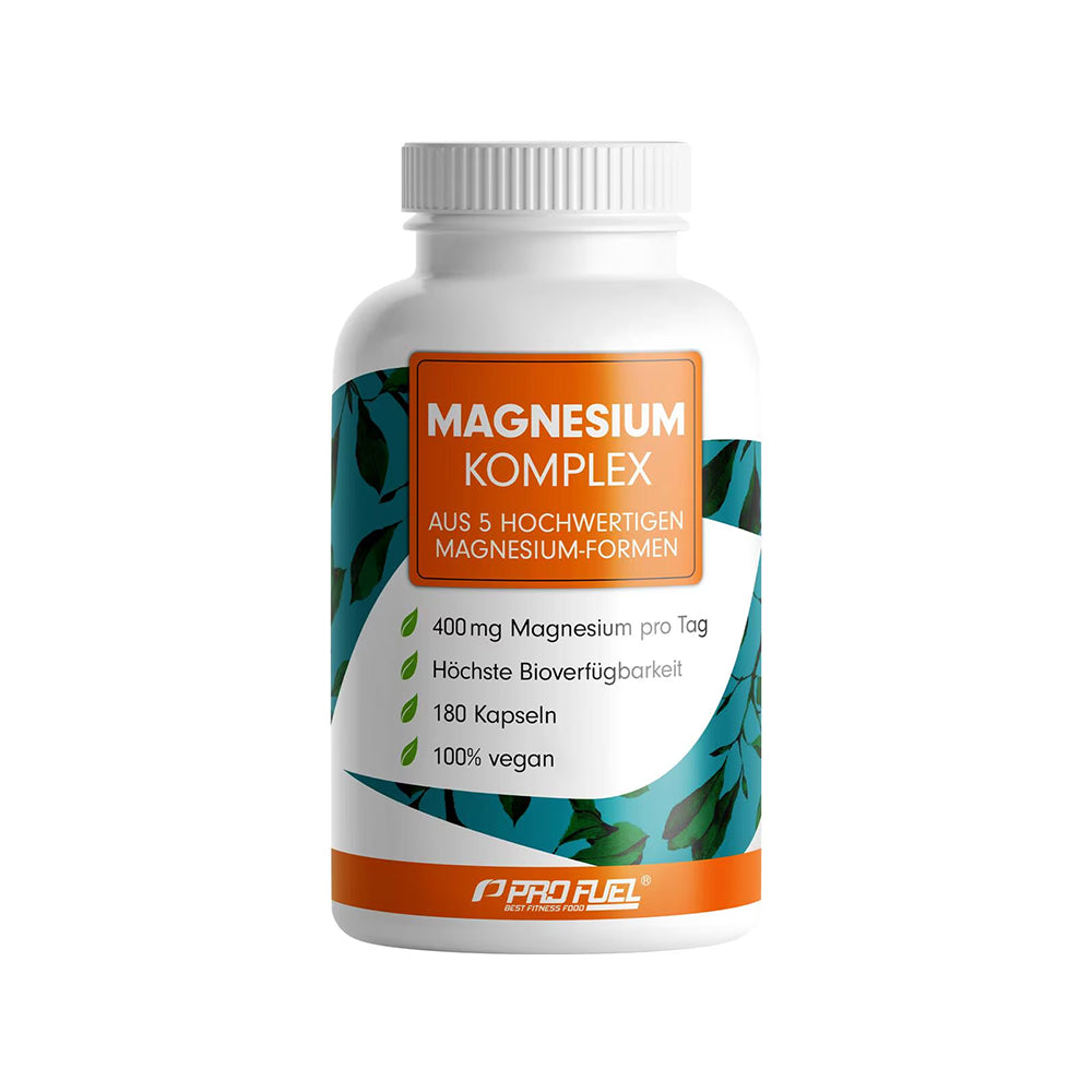 Pro Fuel Magnesium Komplex 180 Kapseln Dose 5 Magnesium-Formen hochdosiert vegan weisser Hintergrund