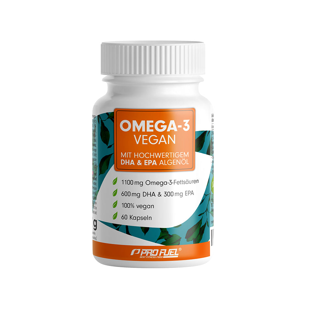 ProFuel OMEGA-3 Forte 60 Kapseln Dose – 630mg DHA, 420mg EPA aus Algenöl Schizochytrium sp., 100% vegan, Made in Germany, weisser Hintergrund