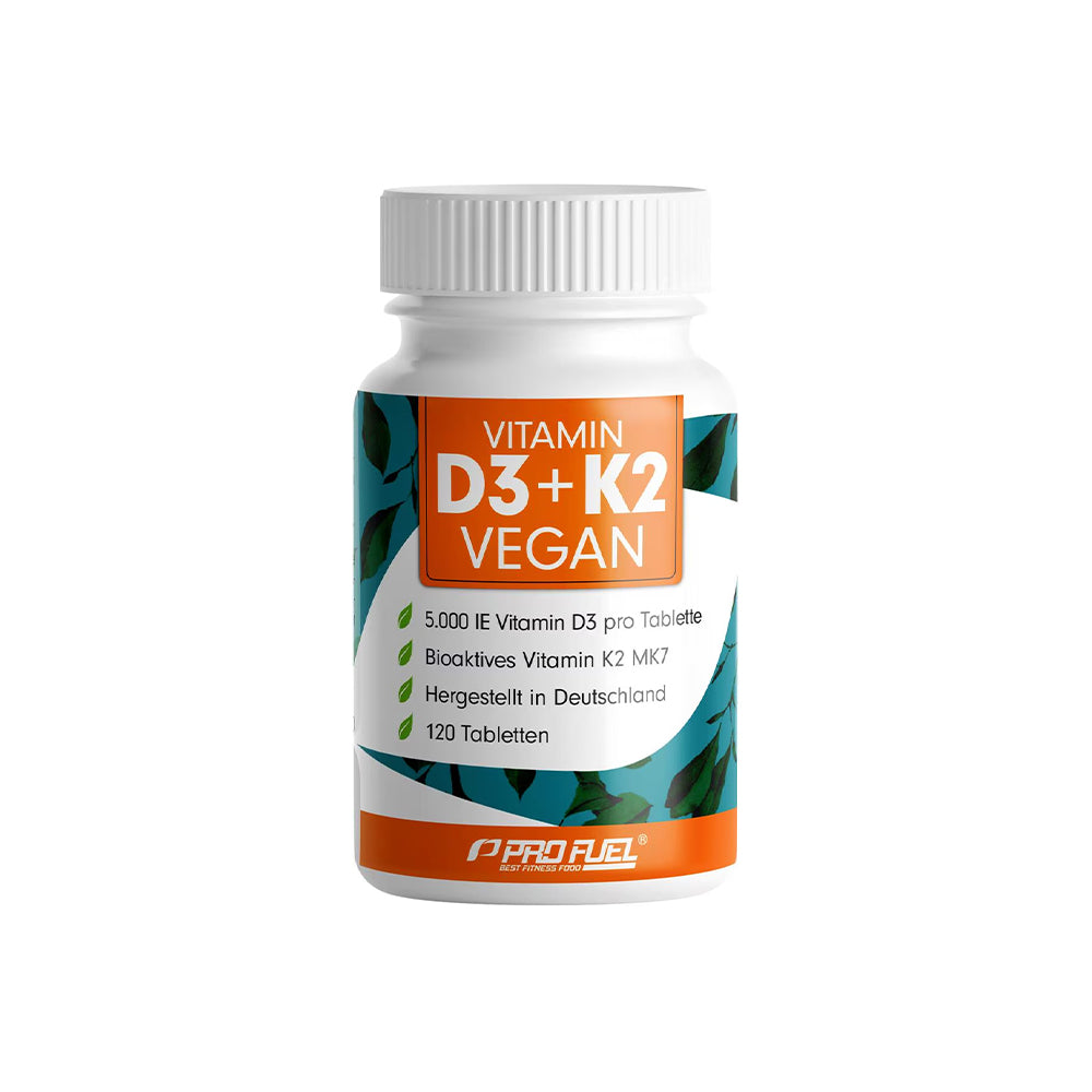 ProFuel Vitamin D3 K2 Tabletten 120 Stück 5000 IE vegan Kiefernharz MK7 Made in Germany weisser Hintergrund